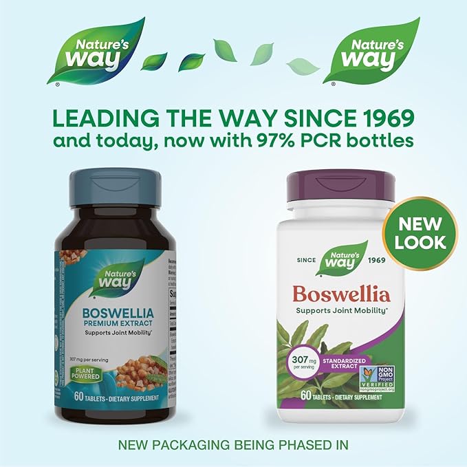 Nature's Way Boswellia Premium Extract, Supports Joint Mobility*, 307 mg Boswellia serrata Extract per Serving, Frankincense Supplement, Gluten Free & Vegan - 60 Tablets (Packaging May Vary)