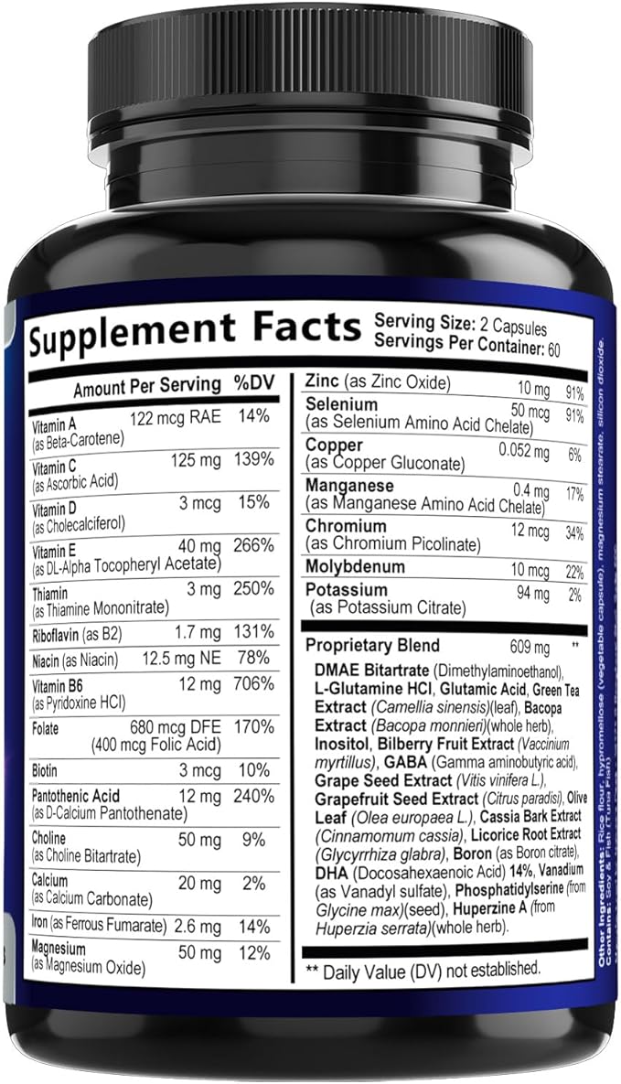 Brain Memory Supplement - 3X Strength Nootropics for Concentration, Clarity & Focus Support - Brain Health Cognitive Vitamins with Bacopa, Phosphatidylserine & DMAE, Brain Booster Pills, 120 Capsules