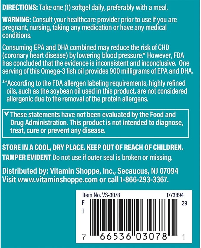 The Vitamin Shoppe Omega 3 Fish Oil 1290 mg EPA & DHA Softgels, Unflavored Fish Oil Supplement for Men & Women, Gluten Free, Dairy Free, 120 Softgels