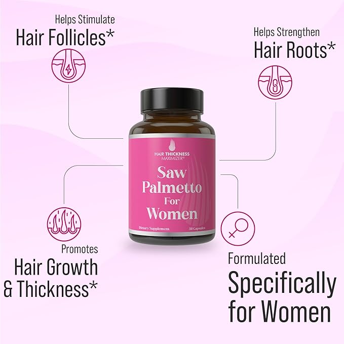 Saw Palmetto for Women + Biotin, Zinc, Copper, & Vitamin D. Women's Hair Growth Supplement. Clean, Non-GMO, Vegan Hair Vitamins with Standardized Saw Palmetto
