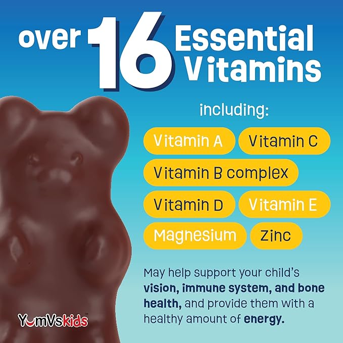 YUM-V'S Kids Multivitamin Chocolate Bears for Immune & Bone Support – 16 Kids Vitamins & Minerals with A, B Complex, Magnesium & Zinc – Daily Toddler Vitamins in Milk Chocolate – 60 Count, Pack of 1