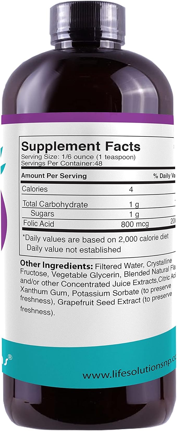 Life Solutions Liquid Folic Acid Supplement – 800 mcg Vitamin B9 per Serving – Berry Flavor, 8 fl oz – Fast Absorption, Prenatal, Heart & Brain Support
