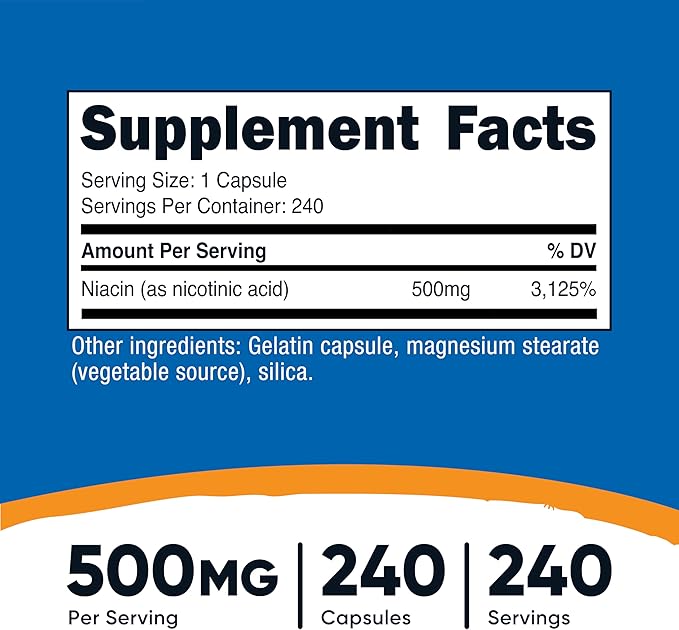 Nutricost Niacin (Vitamin B3) 500mg, 240 Capsules - with Flushing, Non-GMO, Gluten Free