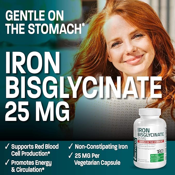 Bronson Iron Bisglycinate 25 mg Gentle on The Stomach, Supports Energy & Healthy Red Blood Cell Production - Non-Constipating Formula - Non GMO, 360 Vegetarian Capsules