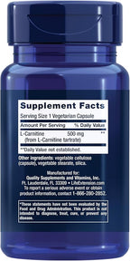 Life Extension L-Carnitine – 500 mg, Energy & Memory Supplement – Free Form Amino Acid, Nitric Oxide Support, Healthy Blood Pressure | Gluten-Free, Non-GMO, Vegetarian | 30 Capsules (Pack of 2)