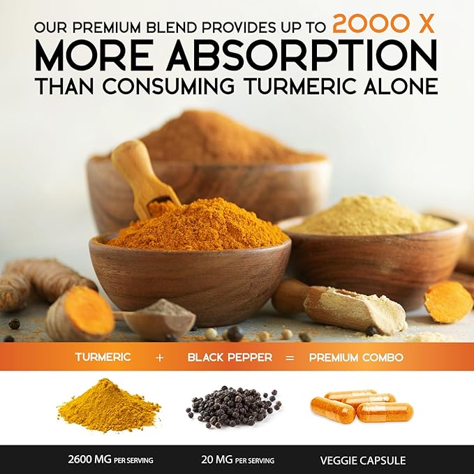 Turmeric Curcumin Supplement 2600mg - 95% Curcuminoids with Organic Turmeric & BioPerine Black Pepper for Best Absorption, Nature's Vegan Joint Support, Non-GMO Tumeric, Bottled in USA - 180 Capsules