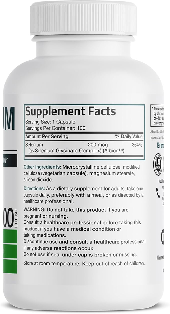 Bronson Selenium 200 mcg – Yeast Free Chelated Amino Acid Complex - Essential Trace Mineral with Superior Absorption, 100 Vegetarian Capsules