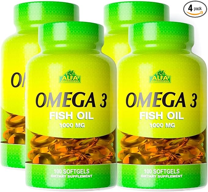 ALFA VITAMINS Omega 3 Fish Oil 1000mg Supplement, Supports Heart Health, Brain Function, Joint Mobility & Skin Hydration, 300mg Omega-3, 180mg EPA, 120mg DHA, 100 Softgels per Bottle, 4 Pack