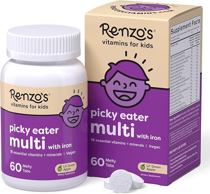 Renzo's Picky Eater Kids Multivitamin with Iron - Dissolvable Kids Vitamins with Iron, Zinc, Vitamin C, Vitamin D, E & K, Sugar-Free Melty Tabs, Green Apple Flavor, 60-Count (1-2 Month Supply)