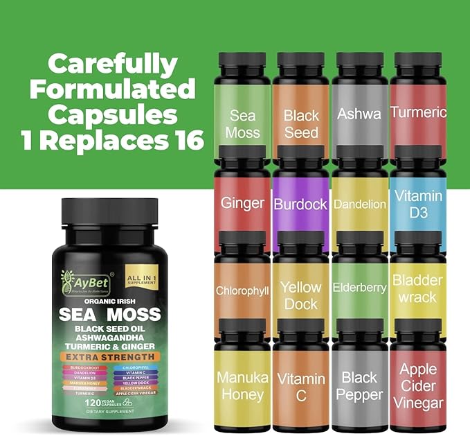 Organic Irish Sea Moss Capsules 120 Count –16 in 1 Sea Moss Supplement with Black Seed Oil, Ashwagandha, Turmeric & Ginger, Bladderwrack & Burdock Root, Vitamin D3 –Organic, Vegan, Halal, Non-GMO