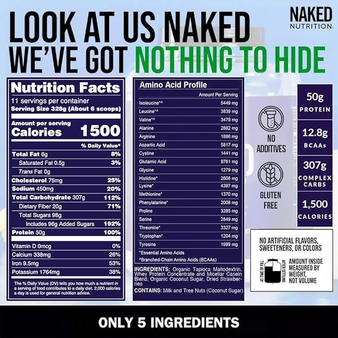 NAKED Strawberry Mass - 1,500 Calories, 50G Protein, Nothing Artificial. Strawberry Weight Gainer Protein Powder - 8lb Bulk, GMO Free, Gluten Free & Soy Free
