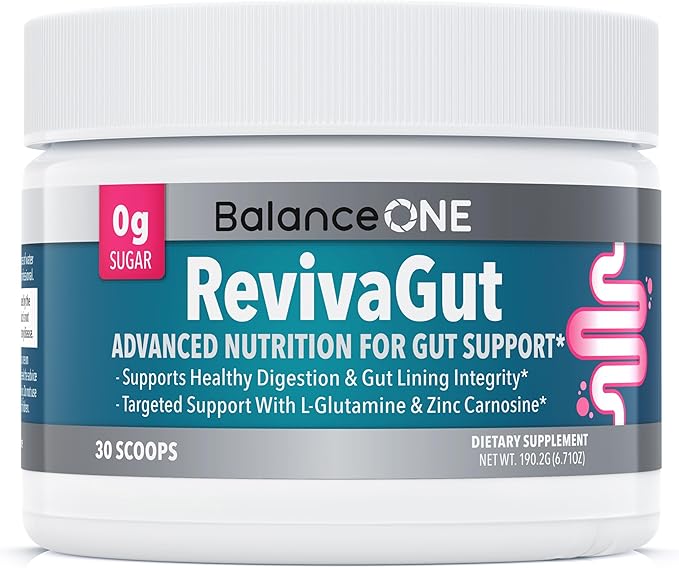 Balance ONE L-Glutamine Powder & Zinc Carnosine Supplement – Leaky Gut Repair Formula with Slippery Elm, DGL Licorice, Marshmallow & Aloe Vera – Digestive Lining Support – 1 Month Supply – RevivaGut