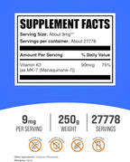 BulkSupplements.com Vitamin K2 Powder - Vitamin K2 MK-7, as Menaquinone Powder - K2 Vitamin Supplement for Wellness, Gluten Free, 9mg per Serving, 250g (8.8 oz) (Pack of 1)