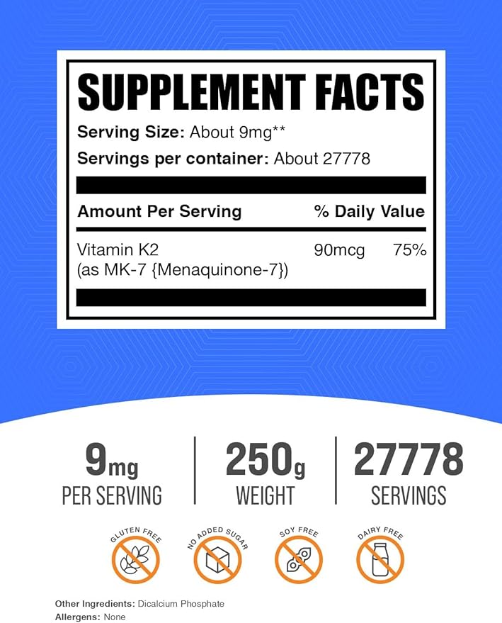 BulkSupplements.com Vitamin K2 Powder - Vitamin K2 MK-7, as Menaquinone Powder - K2 Vitamin Supplement for Wellness, Gluten Free, 9mg per Serving, 250g (8.8 oz) (Pack of 1)