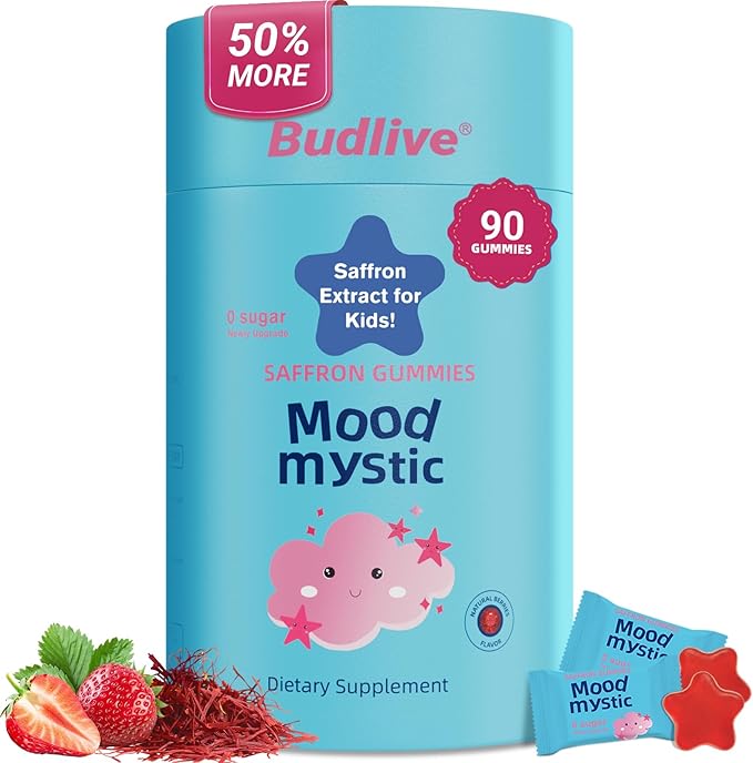 Saffron Gummies for Kids - Saffron Extract Supplement with GABA, Calms Temper Tantrums, Supports Happy Mood & Cognition, Focus Calm Gummies for Kids 4+, Sugar Free Strawberry, 90 Counts