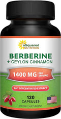 aSquared Nutrition Berberine with Ceylon Cinnamon Supplement - Max Strength Complex - 120 Capsules - Berberine HCl 1200mg Per Serving - Premium Extract Plus Pills Alternative to Gummies & Drops