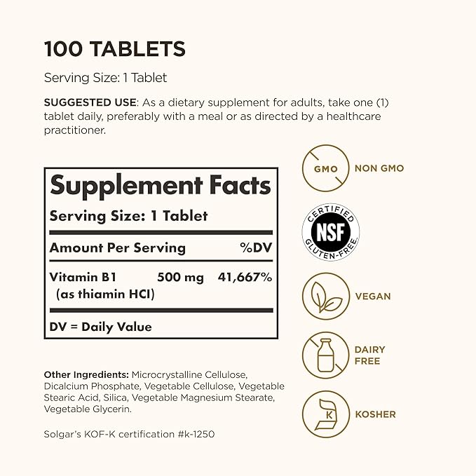 Solgar Vitamin B1 (Thiamin) 500 mg, 100 Tablets - Energy Metabolism, Healthy Nervous System, Overall Well-Being - Super Potency - Non-GMO, Vegan, Gluten Free, Dairy Free - 100 Servings, (Pack of 2)