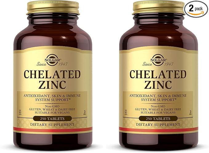 Solgar Chelated Zinc,250 Tablets-Zinc for Healthy Skin-Supports Cell Growth&DNA Formation-Exerts Antioxidant Activity-Supports A Healthy Immune System-Non GMO,Vegan-250 Servings,(Pack of 2)
