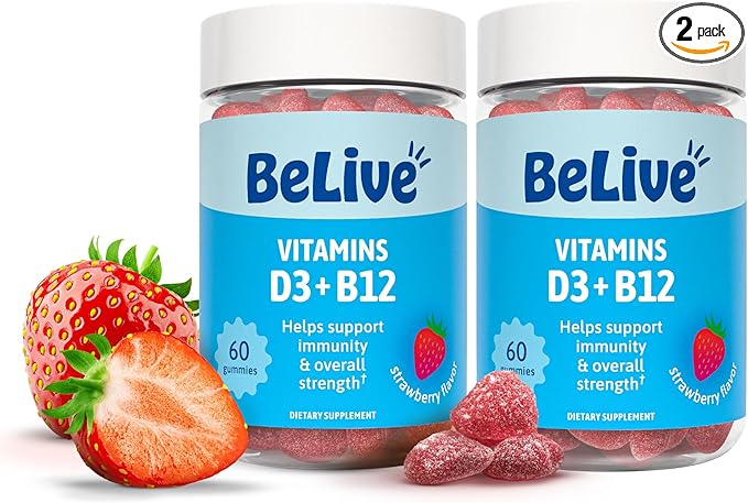 BeLive Vitamin D3 Gummies with B12 Vitamins - Immune Support Gummies with Vegan Vitamin B12 & D3, Provides Enhanced Bone & Muscle Strength, Hearth Health and Energy - Strawberry Flavor | 2-Pack