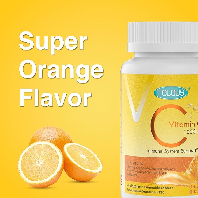 1000mg Vitamin C, 120 Chewable Tablets, 60 Day Supply, Supplement for Immune Support, Gluten-Free, Orange Flavor, 2 Pack