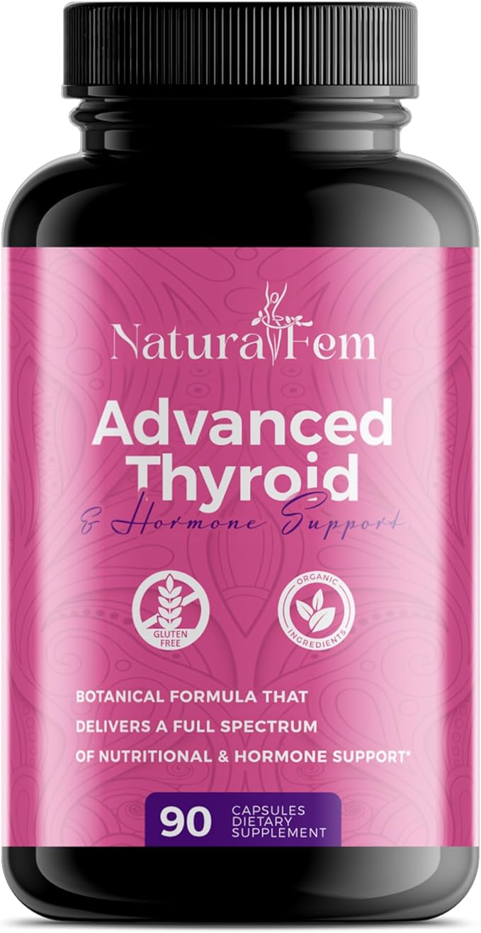 NaturalFem Advanced Thyroid Support & Hormone Balance for Women with Kelp, Turmeric, Milk Thistle, Chlorella, Aquamin & Botanical Formula - Mood & Focus Iodine Supplement - 90 Capsules