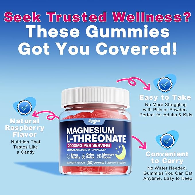 90 Count | Magnesium L-Threonate Gummies 2000mg, Magnesium Threonate Supplement for Adults & Kids, Support Cognition, Restful Sleep & Muscle Health, Sugar Free, Vegan, Non-GMO, Raspberry Flavor