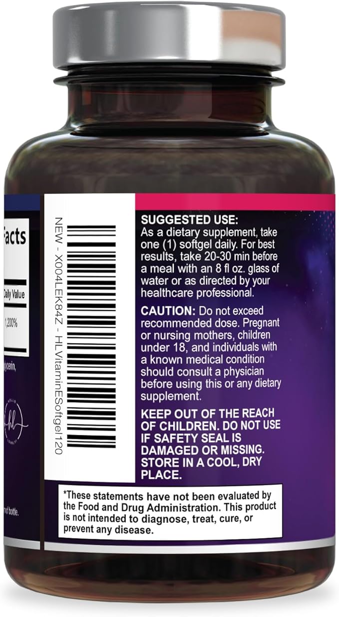 Vitamin E - 180 mg per Serving - Powerful Hair & Skin Support Supplement - dl-Alpha VitaminE Immune Health Support with Antioxidants - Easily Absorbed GMO & Gluten Free, Bottled in USA - 120 Softgels