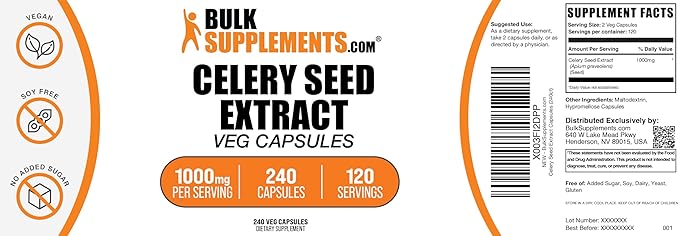 BulkSupplements.com Celery Seed Capsules - Celery Seed Supplement, Celery Seed Extract - Gluten Free, 2 Capsules per Serving, 240 Veg Capsules (Pack of 1)
