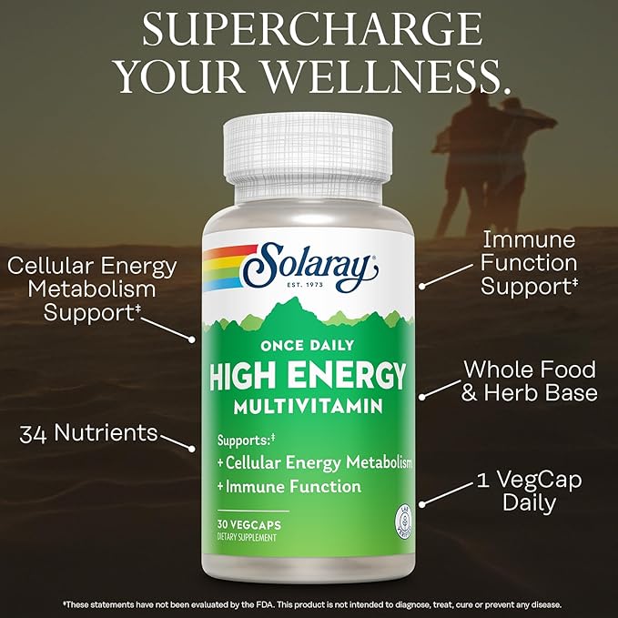 SOLARAY Once Daily High Energy Multivitamin for Women and Men – with Vitamin C, Vitamin D and Whole Food & Herb Base - Cellular Energy Metabolism & Immune Function Support – 30 Servings, 30 VegCap