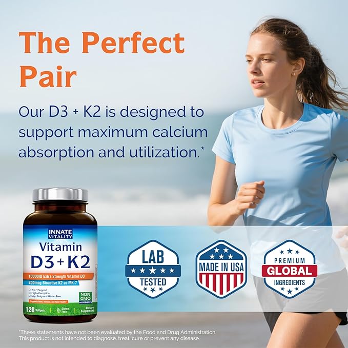 Innate Vitality Vitamin D3 K2 Supplement, High Potency Vitamin D3 10000 IU & Vitamin K2 (MK-7) 200 mcg, Supports Bone, Teeth, Heart & Immune Health, Non-GMO, Gluten Free, 120 Softgels