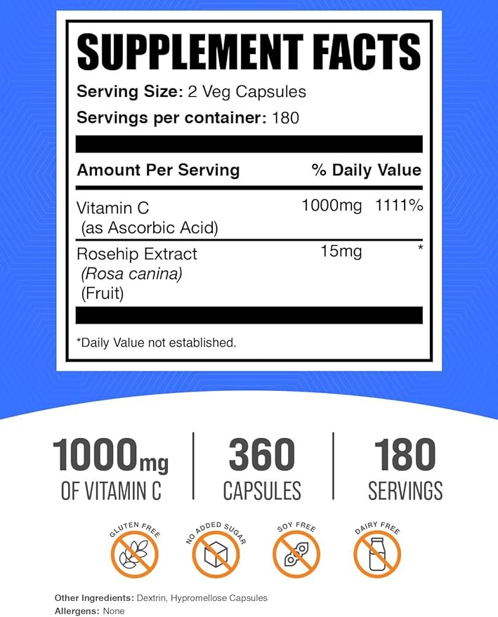 BulkSupplements.com Vitamin C with Rose HIPS Capsules - Ascorbic Acid Supplemnet, Rose HIPS for Immune Support - Vegan, 2 Capsules per Serving (1000mg), 360 Count (Pack of 1)
