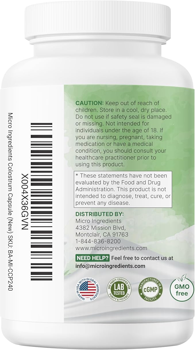 Micro Ingredients Bovine Colostrum 1,000 mg Per Serving, 240 Capsules | 40% IgG First Milking with Collagen & Probiotics | Colostrum Supplement with 10 Probiotic Strains | Non-GMO, Gluten Free