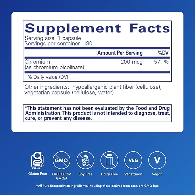 Pure Encapsulations Chromium (Picolinate) 200 mcg | Hypoallergenic Supplement for Healthy Lipid and Carbohydrate Metabolism Support* | 180 Capsules