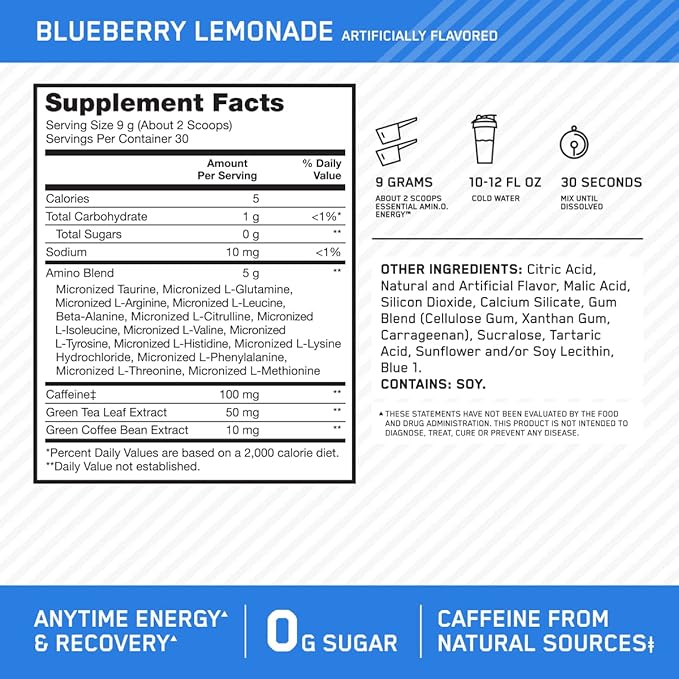 Optimum Nutrition Amino Energy - Pre Workout with Green Tea, BCAA, Amino Acids, Keto Friendly, Green Coffee Extract, Energy Powder - Blueberry Lemonade, 30 Servings (Packaging May Vary) (Pack of 6)