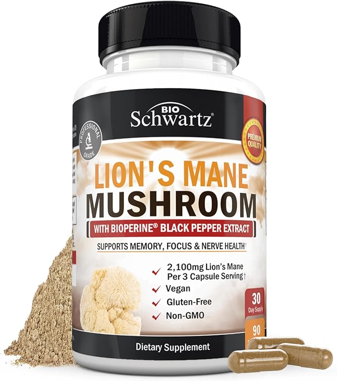 BioSchwartz Organic Lions Mane Supplement Capsules (90 Count) 2100mg Lions Mane Mushrooms with BioPerine for Max Absorption, Active Compound Verified, Nootropic Brain Supplements for Memory and Focus