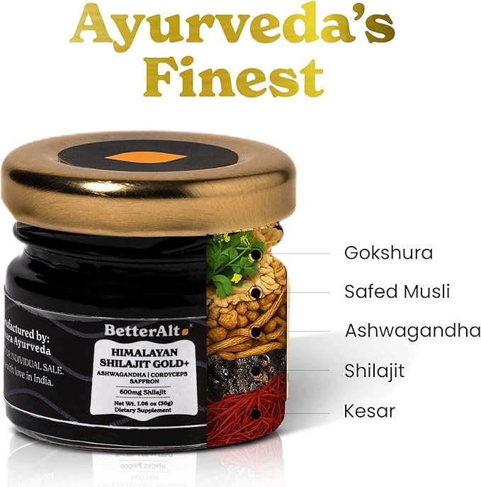 Better Alt Pure Himalayan Shilajit Gold+(30gm)|Enhances Recovery & Boosts Strength|16,000 ft Sourced Blend with Ashwagandha, Safed Musli,Gokshura|Shilajit gold for men & women|Vegan & Lab Tested-600mg