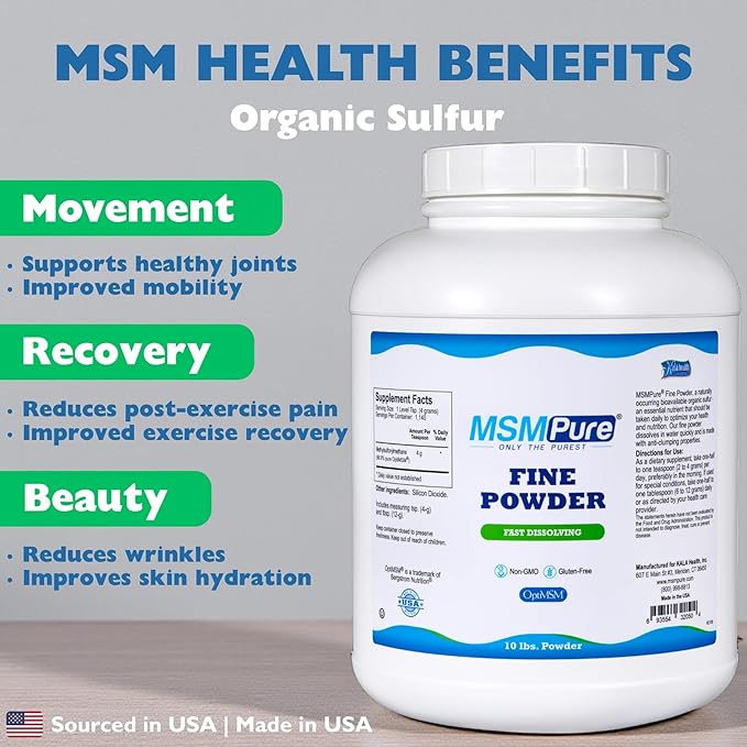 KALA HEALTH MSMPure Fast Dissolving Fine MSM Powder Crystals – US-Made MSM for Joint Health, Skin Appearance, and Hair & Nail Support – 10 lb, Organic Sulfur