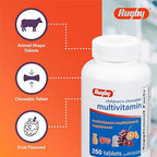 Rugby Children’s Chewable Multivitamin Tablets - Dietary Supplement - Assorted Fruit Flavors - Animal Shapes - 250 Count (1 Pack)