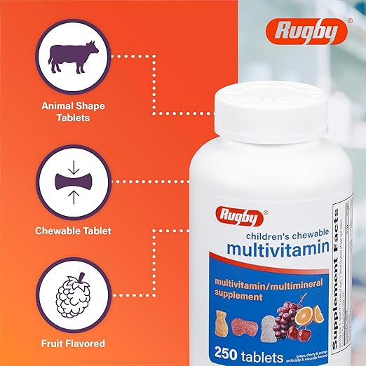 Rugby Children’s Chewable Multivitamin Tablets - Dietary Supplement - Assorted Fruit Flavors - Animal Shapes - 250 Count (1 Pack)