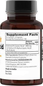 MONOHERB R-Lipoic Acid 300 mg - 90 Vegetarian Capsules - Stabilized R-Alpha-Lipoic Acid