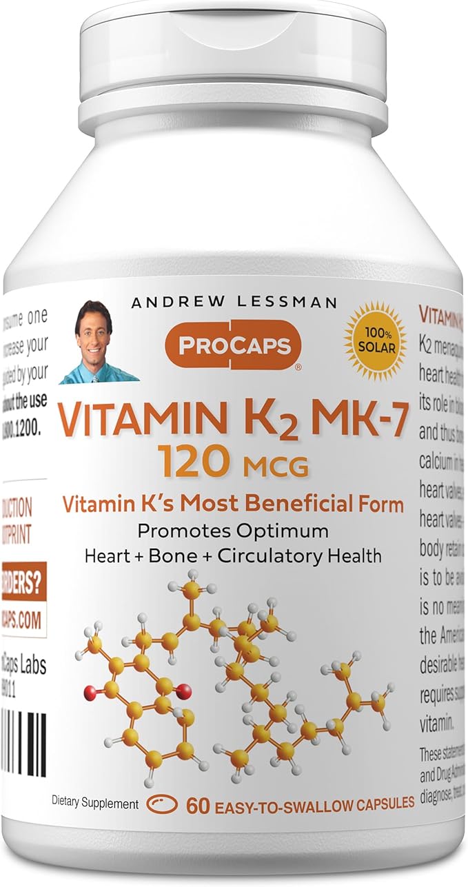 ANDREW LESSMAN Vitamin K2 MK7 120 mcg 60 Softgels - Essential for Healthy Calcium Utilization, Promotes Optimum Skeletal, Heart and Arterial Health. No Additives. Small Easy to Swallow Softgels
