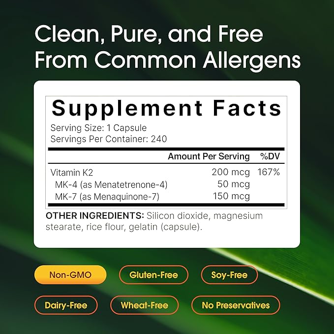 NatureBell Vitamin K2-240 Capsules - 200mcg Double Strength MK-7 & MK-4 Complex - Heart, Bone & Immune Health Support* - Complete K Vitamins Formula