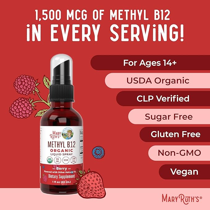 MARYRUTH'S Organic Methyl B12 Spray | 1,500 mcg B12 Per Serving | Methylcobalamin | Energy Metabolism | Cognitive Function | Neuro Health | Vegan | Gluten Free | Sugar Free | 1 Fl Oz