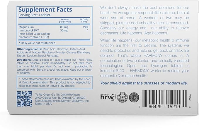 DRINK HRW Harmony Molecular Hydrogen Water Tablets: ImmunoLP20 Magnesium for Energy Boost, Mental Focus, Stress Support, Daily Antioxidant Health Supplement (Raspberry, 30 Count)