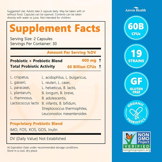 60 Billion Probiotics for Women and Men 19 Strains 5 Organic Prebiotics for Gut Digestive & Immune Health, Supports Diarrhea Gas Bloating, Vegan Probiotic Supplement Formula丨120 Caps