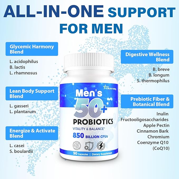Probiotics for Men, Advanced 50+ Mens Probiotic, Comprehensive Gut & Energy Support with 850 Billion CFU, 1800mg Prebiotics Fiber – Tailored Wellness mens probiotics for gut health over 50, 90 Capsule