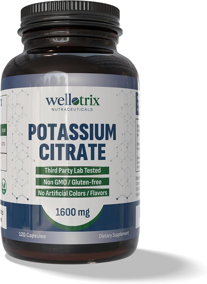 Wellotrix Potassium Citrate 1600 mg – 120 Vegan Capsules – Electrolyte Balance, Kidney Support, Urinary pH Health – Non-GMO, Gluten-Free, Made in USA – Vegan Formula