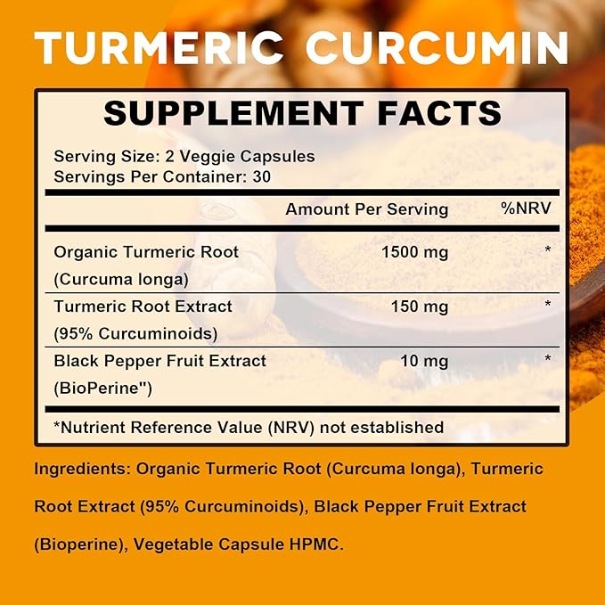 Turmeric Curcumin Supplement with Black Pepper – 1650mg Organic Turmeric Capsules, 95% Curcuminoids, Turmeric for Joint Support, Anti Inflammatory Supplement for Men & Women, 60 Veggie Capsules