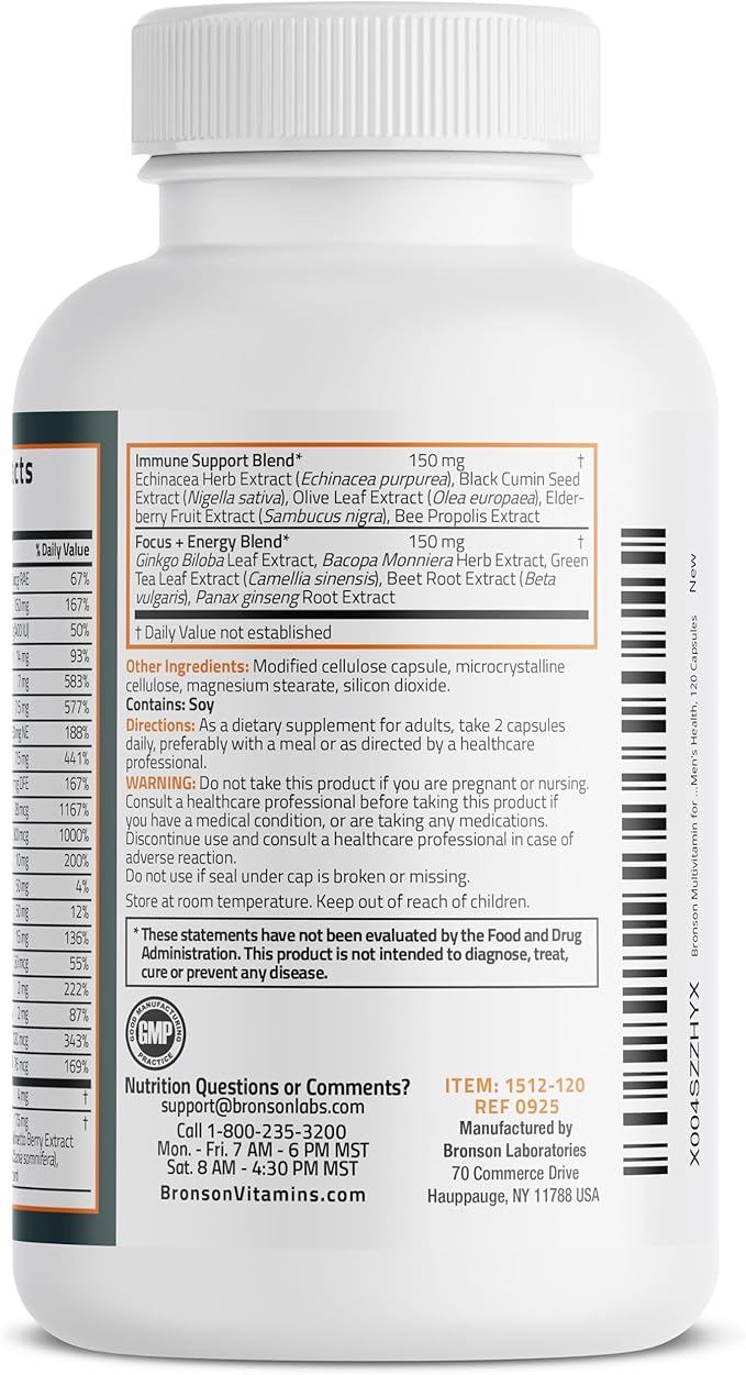 Bronson Multivitamin for Men All-in-One Daily Coverage Formula Key Vitamins, Minerals & Herbs to Support Men's Health, 120 Capsules