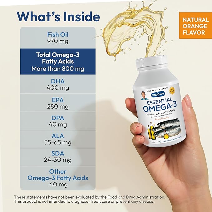 ANDREW LESSMAN Essential Omega-3 Orange - 180 Softgels - Ultra-Pure, High Potency Omega-3 Oils. High DHA, No Stomach Upset, No Contaminants, No Mercury. Small Easy to Swallow Softgels